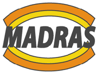 Logo MADRAS in grassetto nero all'interno di un ovale arancione e giallo.