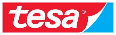 Logo Tesa in bianco su sfondo rosso e blu