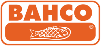 Logo BAHCO arancione e bianco con un emblema a forma di pesce all'interno di un rettangolo arrotondato.