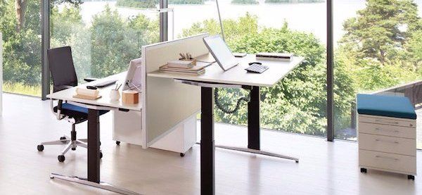 Ufficio moderno con due scrivanie bianche regolabili in altezza, separate da un divisorio, di fronte a grandi finestre con vista sugli alberi.