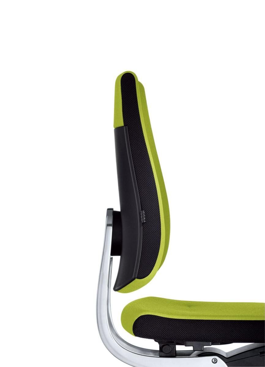 Vista laterale di una moderna sedia da ufficio con sedile e schienale di colore verde lime brillante e nero, uniti da una struttura argentata.