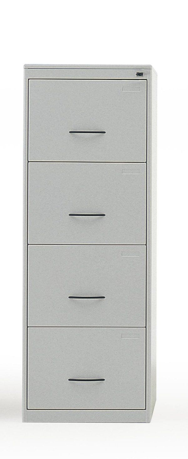 Un classificatore verticale in metallo grigio chiaro con quattro cassetti e maniglie nere, centrato su uno sfondo bianco.