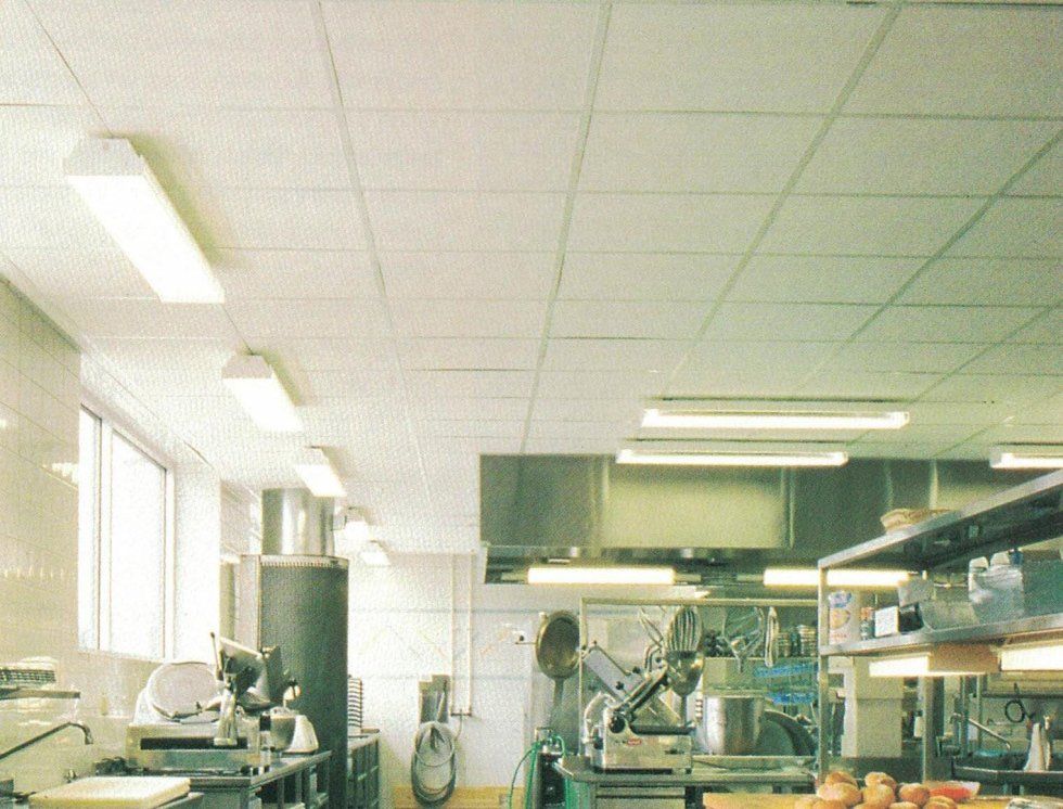 Una cucina professionale commerciale con soffitto a pannelli bianchi sospesi, illuminazione fluorescente brillante e acciaio inossidabile.