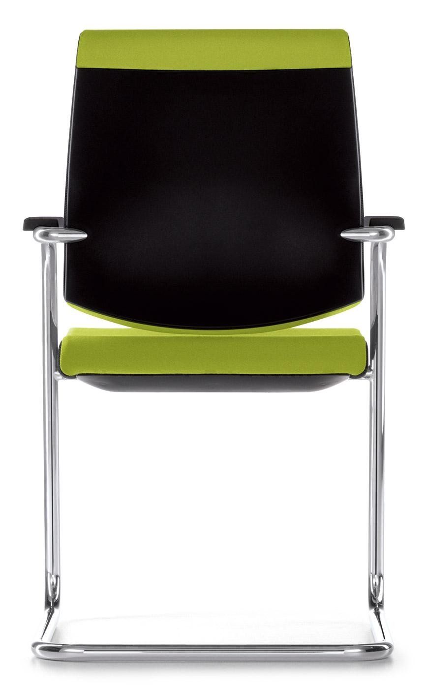 Una moderna sedia da ufficio a sbalzo con schienale nero, sedile e poggiatesta superiori verde lime e struttura in metallo argentato.