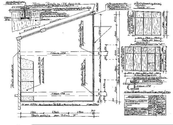 Un progetto tecnico che mostra la sezione trasversale di un edificio, i dettagli strutturali e le viste in elevazione delle finestre con le relative misure.