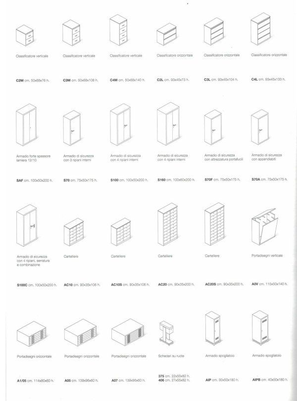 Una pagina di catalogo che mostra una griglia di vari articoli di arredamento per ufficio, tra cui armadi, cassetti e armadietti, con i relativi prezzi.