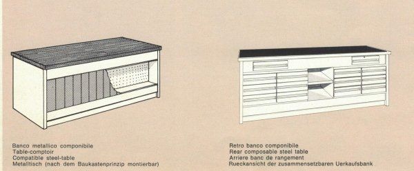 Due illustrazioni di banchi da lavoro modulari in metallo con diverse configurazioni di stoccaggio ed etichette di testo in quattro lingue.