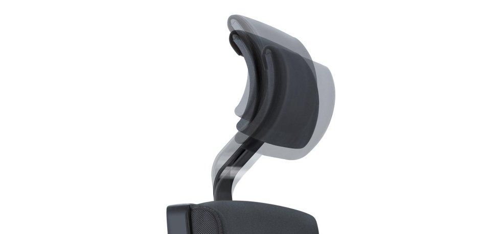 Un poggiatesta per sedia da ufficio mostrato con un effetto di sfocatura di movimento per dimostrare la sua capacità di regolazione verticale.