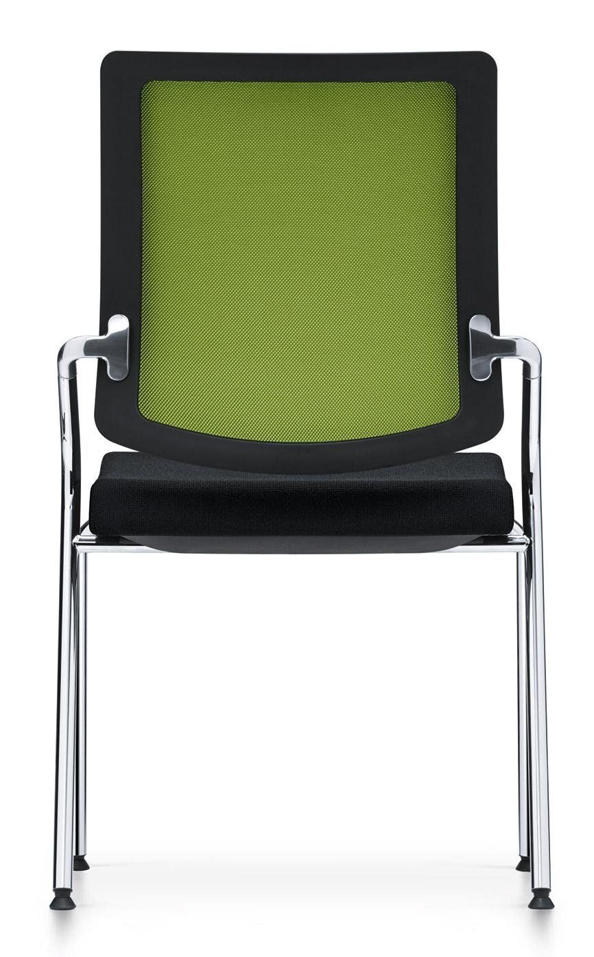 Una sedia da ufficio con schienale in rete verde lime brillante, sedile imbottito nero e struttura in metallo cromato su sfondo bianco.