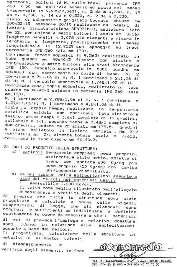 Scheda di documentazione tecnica che illustra in dettaglio gli elementi strutturali metallici, le misure e le specifiche di carico di progetto.