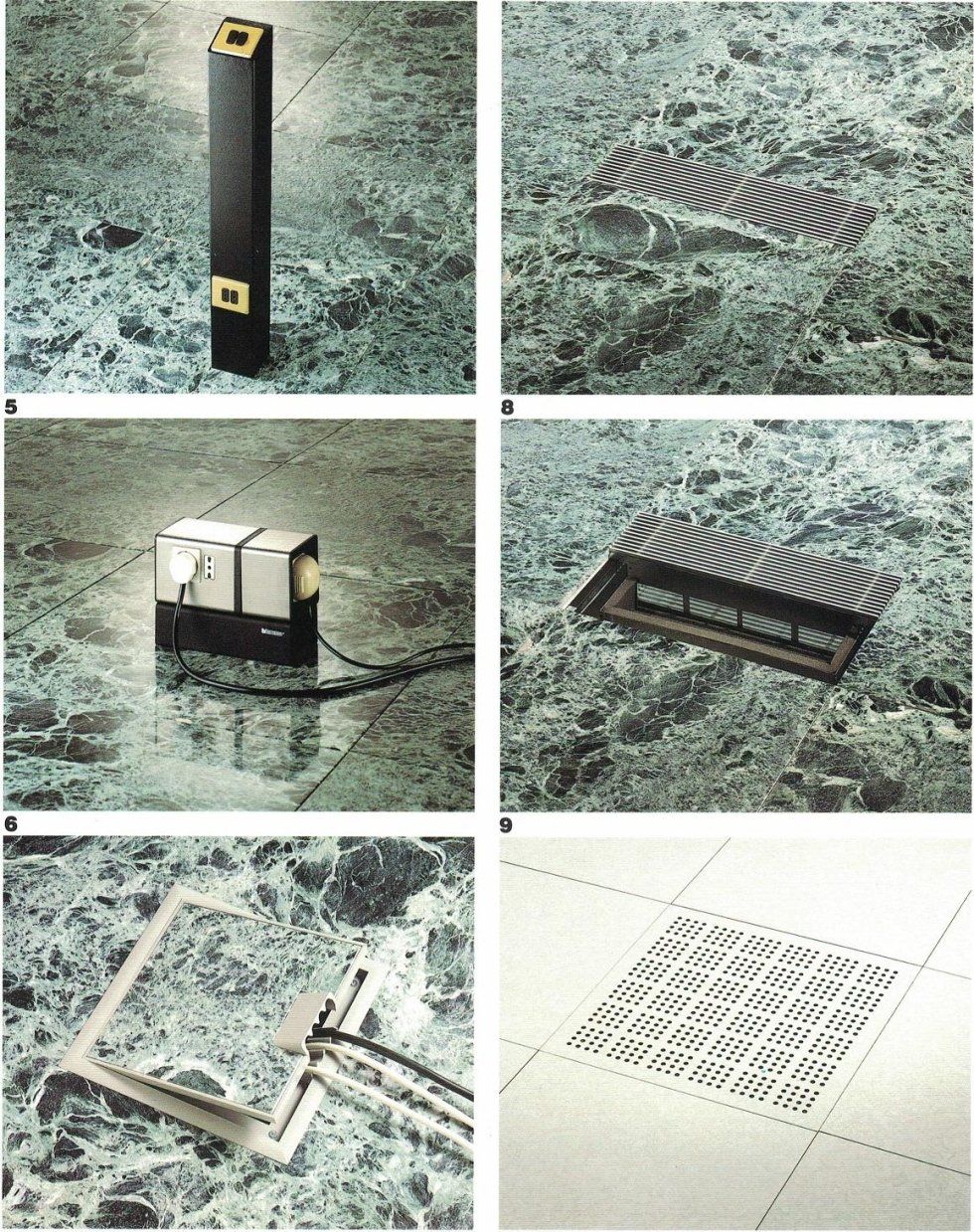 Una griglia di sei immagini che mostrano diverse soluzioni specializzate per prese elettriche e dati da installare sui pavimenti interni.