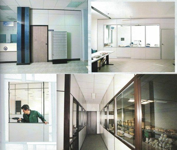 Un collage che mostra pareti divisorie per interni di uffici, pareti modulari, divisori in vetro e un operaio intento a installare un sistema di pannelli.