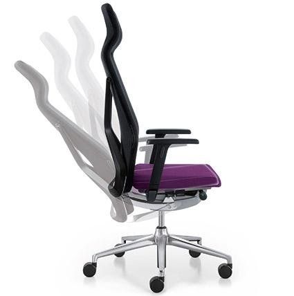 Vista laterale di una sedia da ufficio ergonomica con sedile viola, che mostra l'escursione di reclinazione tramite immagini fantasma semitrasparenti.