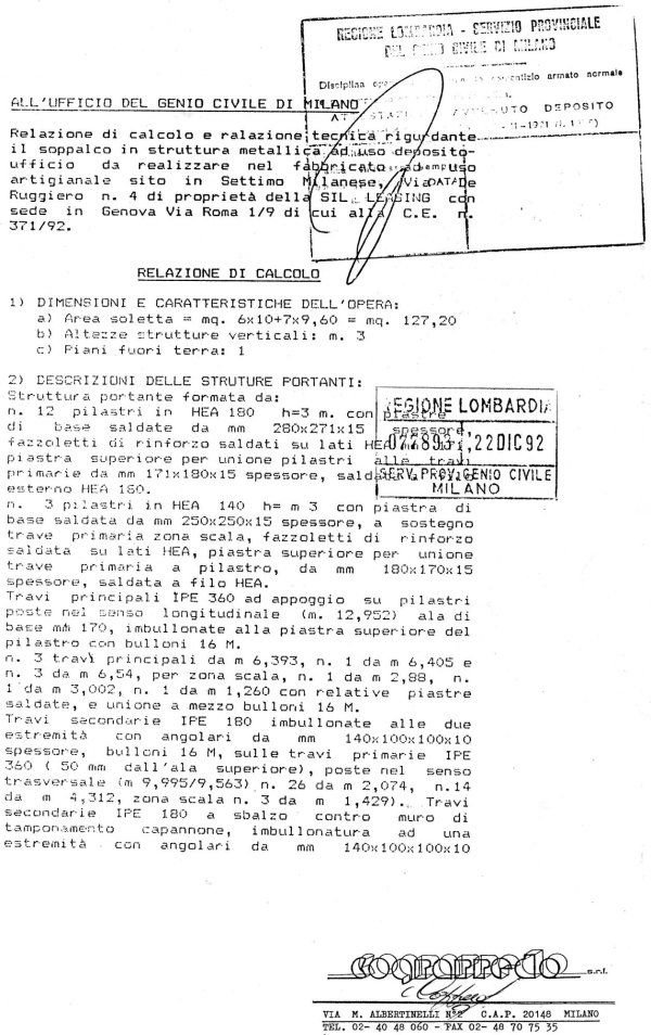 Documento tecnico del Genio Civile di Genova che illustra i calcoli strutturali per un progetto di edificio in acciaio.