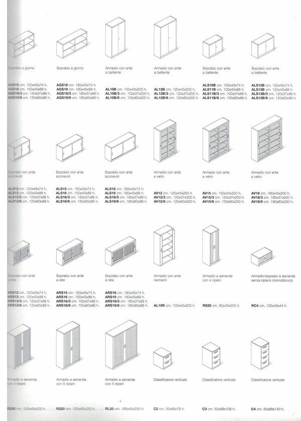 Una pagina di catalogo che mostra i disegni schematici di vari mobili per ufficio, armadi e cassettiere con le relative indicazioni di dimensioni.