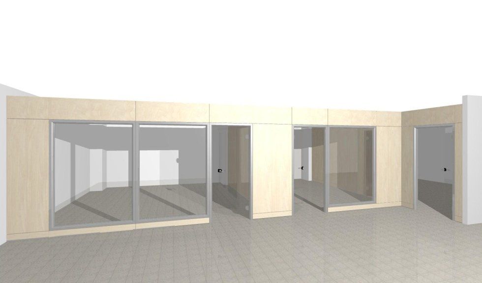 Rendering architettonico digitale di un interno per ufficio con pareti rivestite in legno chiaro, divisori in vetro e porte.