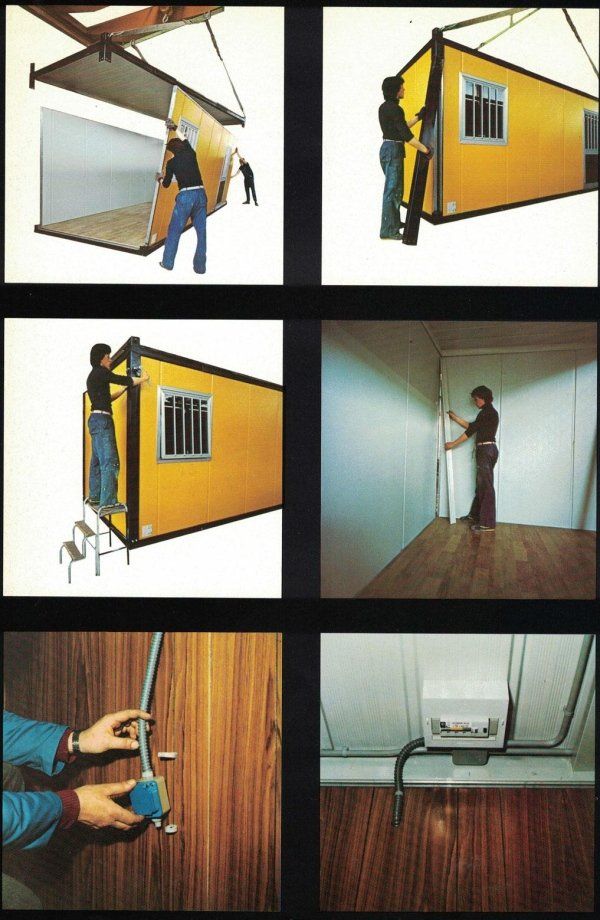 Una griglia di sei foto che mostrano l'assemblaggio e l'installazione elettrica di un edificio modulare realizzato con container.