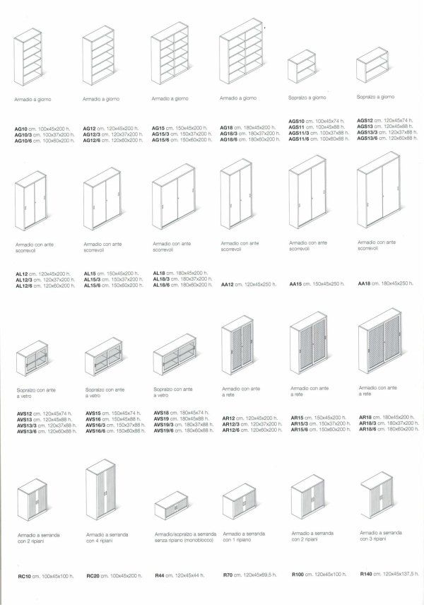 Una pagina di catalogo prodotti che mostra vari modelli di mobili per ufficio, scaffali e armadietti con i relativi codici.