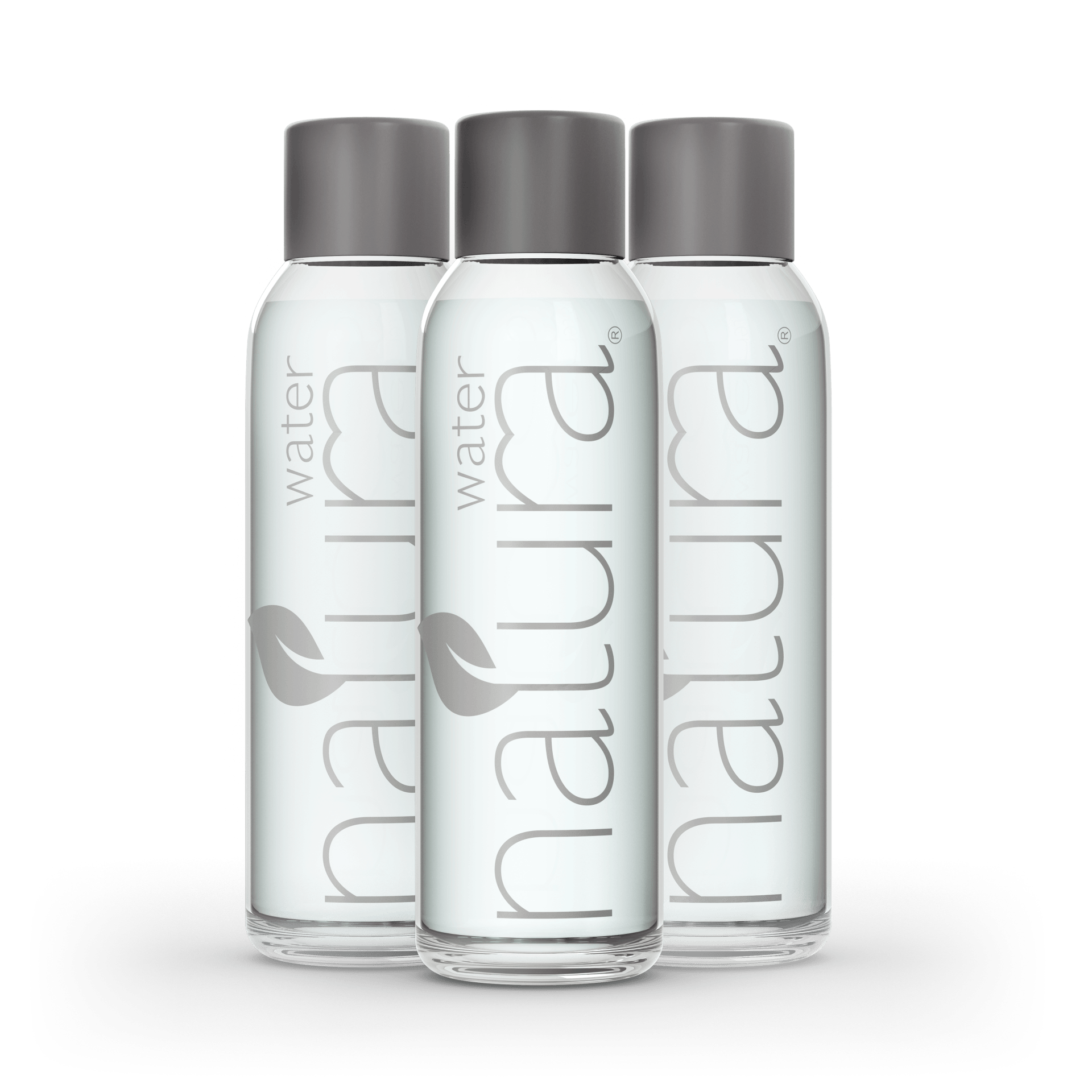Three Natura water bottles with grey caps and grey logo on clear bottles.