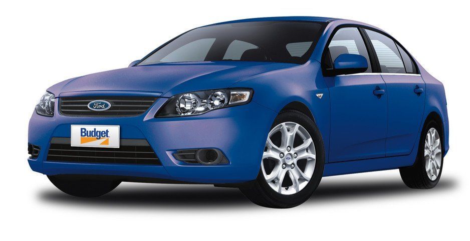 A blue ford car with a budget tag on it
