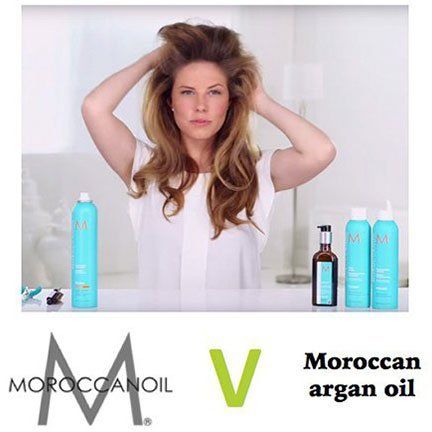 A woman is holding her hair in front of moroccan argan oil products