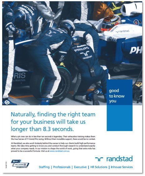 An advertisement for randstad says that naturally finding the right team for your business will take us longer than 8.3 seconds