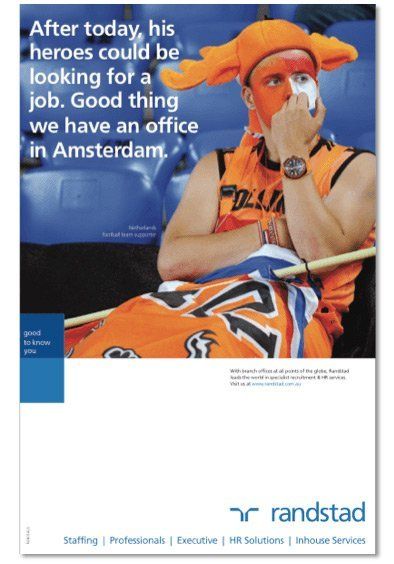 An advertisement for randstad shows a man in an orange outfit