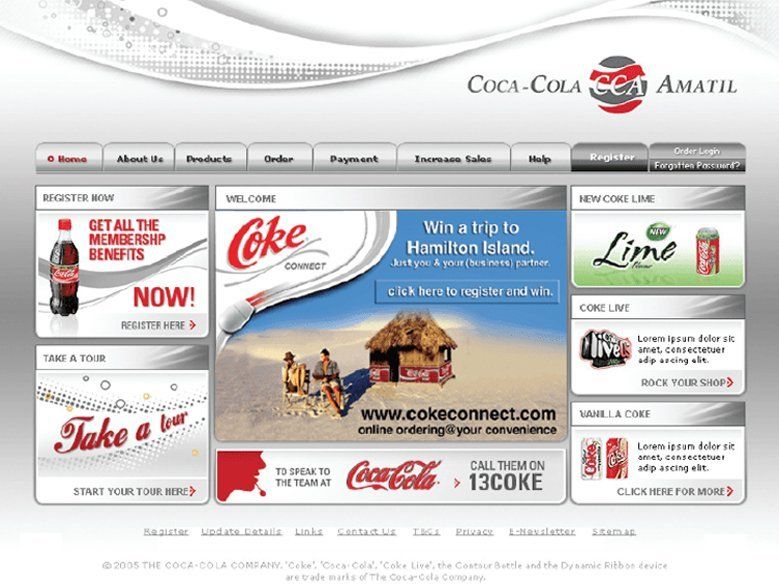 A coca cola website with a lot of advertisements on it