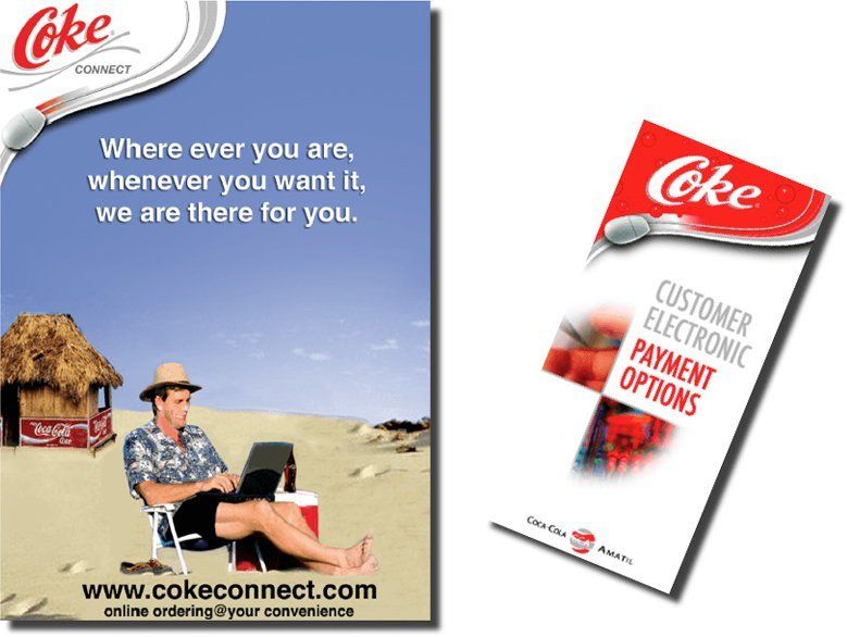 An advertisement for coke shows a man sitting on the beach using a laptop
