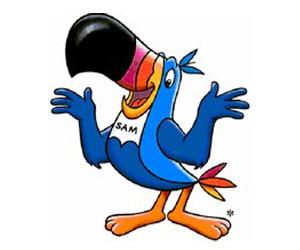 A blue bird with a large beak and the word sam on its chest.