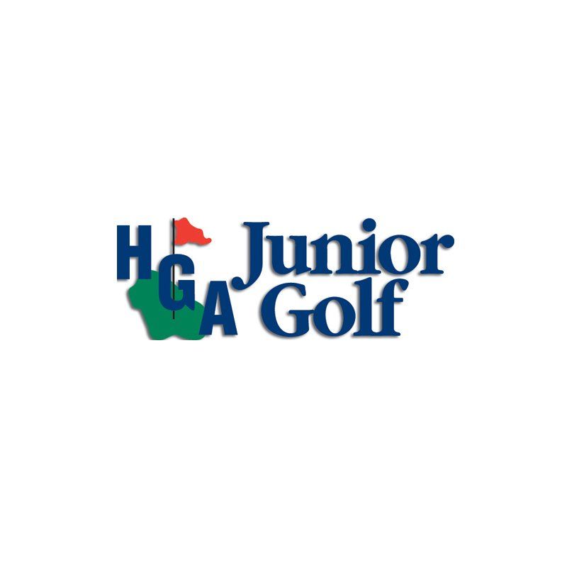 HG Junior Golf logo with blue text, green golfer silhouette, and red flag
