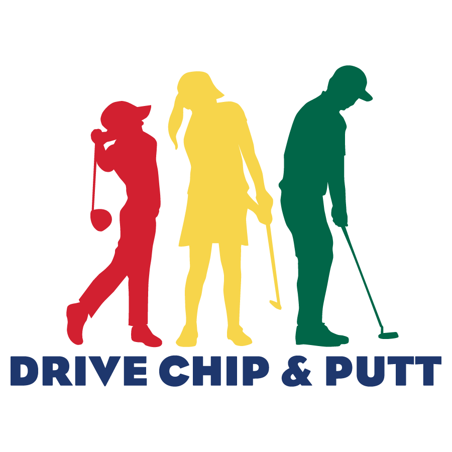 Logo with red, yellow, and green golfer silhouettes above “DRIVE CHIP & PUTT” text