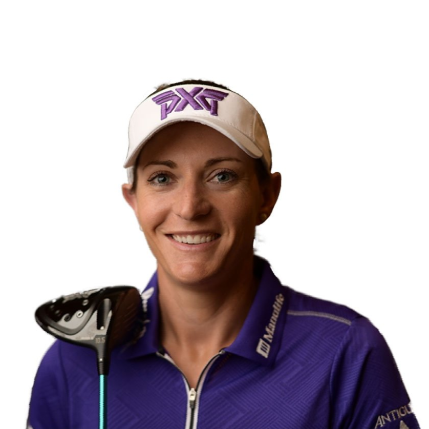Smiling golfer in purple shirt and white PXG cap holding a club on a white background