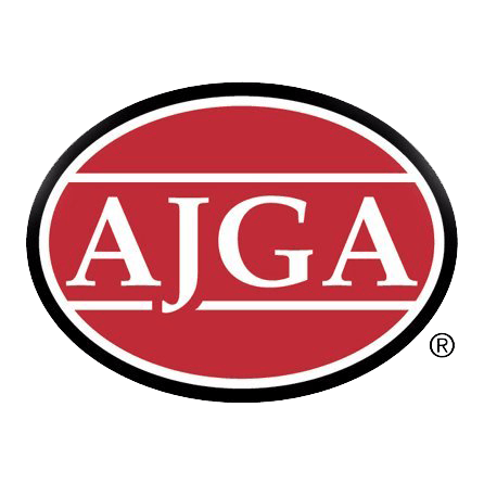 AIGA logo in a red oval with black and white outline and white letters
