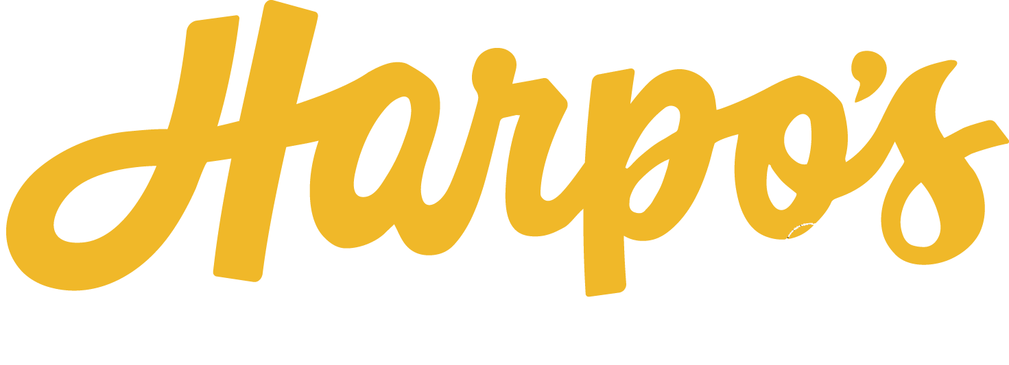 The word harpo 's is written in yellow on a white background.