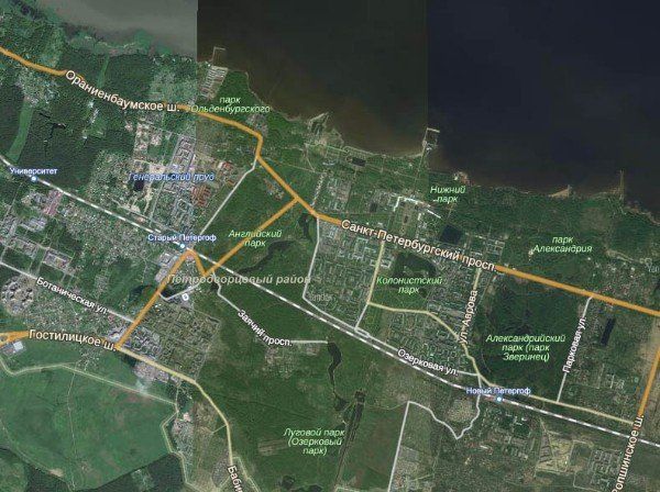 Map of the surrounding area of Peterhof. View the map on Yandex.