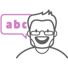Um homem de óculos está sorrindo com um balão de fala que diz abc.