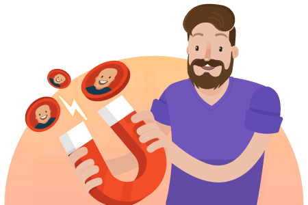 Um homem com barba está segurando um grande ímã com a imagem de uma pessoa nele.