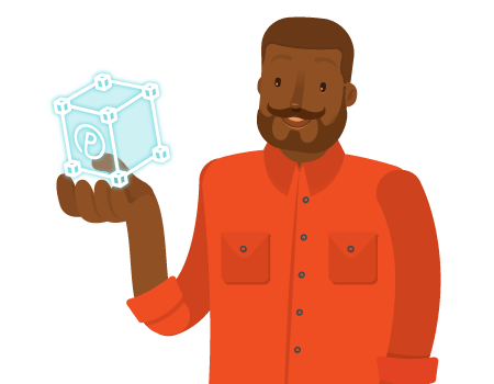 Um homem de camisa laranja está segurando um cubo na mão.