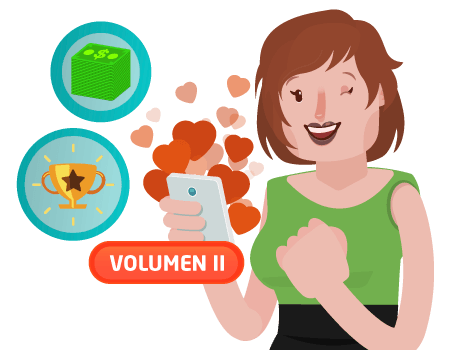 Uma mulher está segurando um celular com um botão de volume ii na frente dela