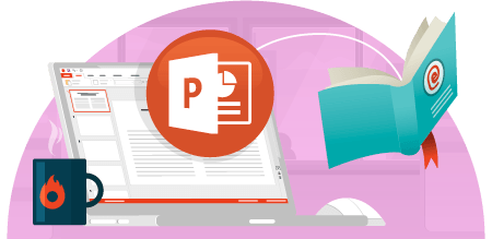 Um laptop com um ícone do PowerPoint ao lado de um livro.