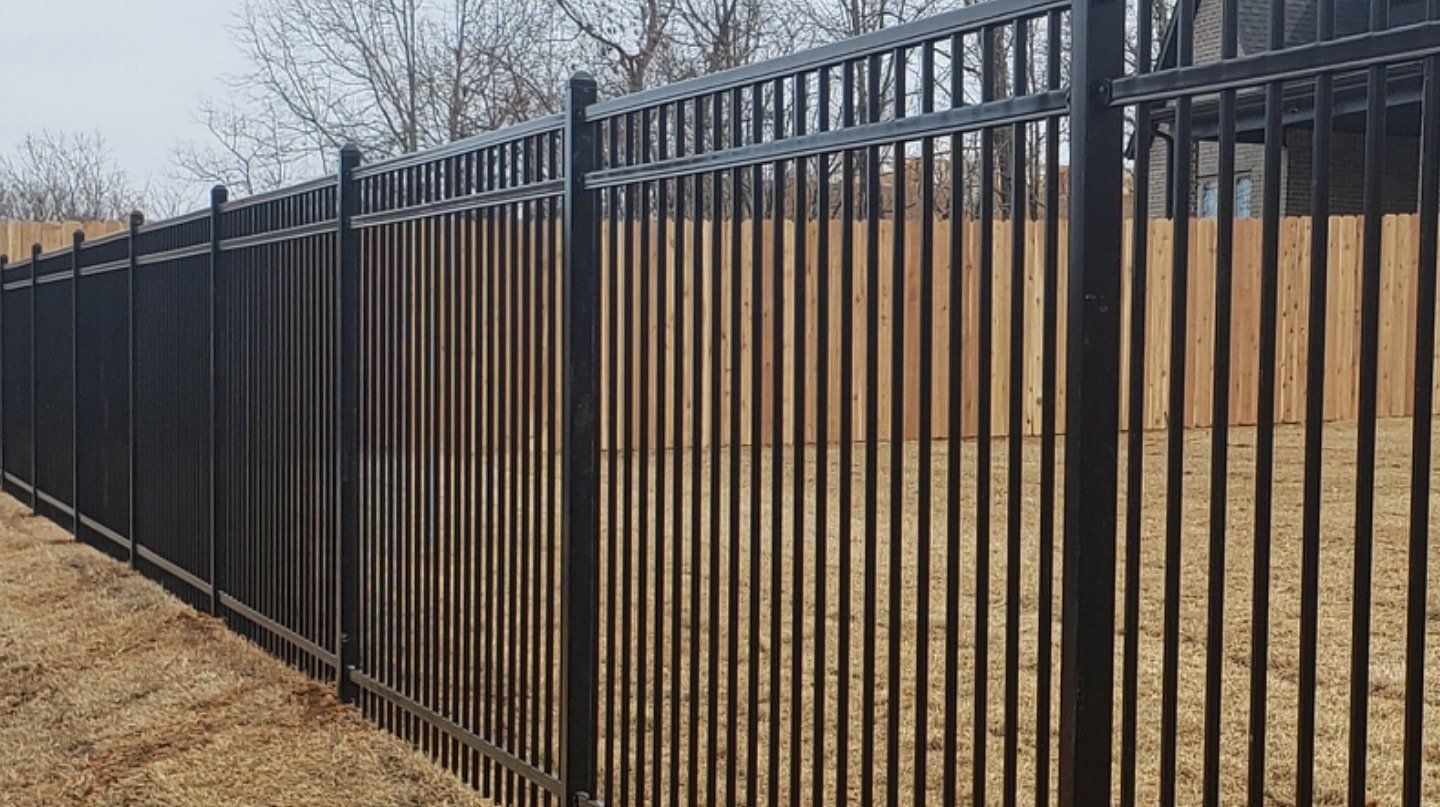 Black metal fence with vertical bars along a tan wooden privacy fence beside a dry grassy area.
