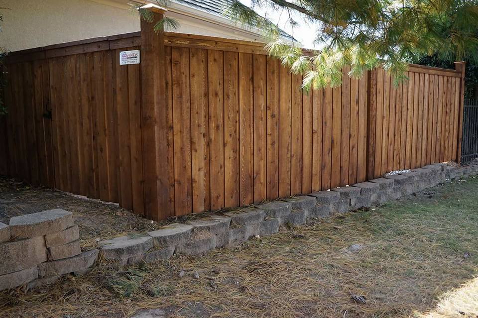 Wooden privacy fence around a yard, with stone edging and pine tree branches overhead.