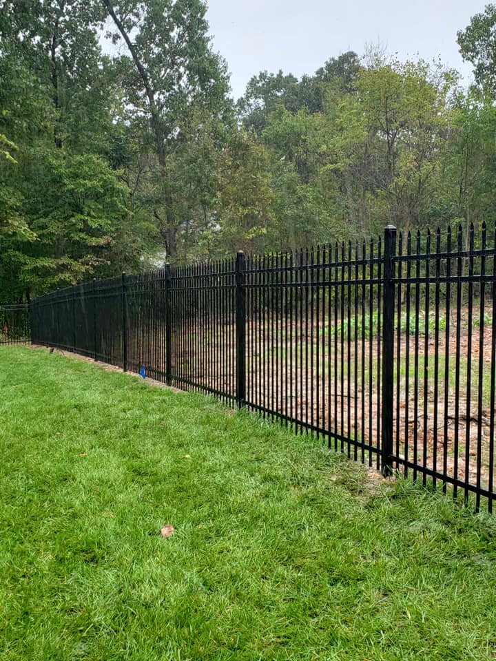 Black metal fence beside a grassy slope, with trees and a cloudy sky in the background