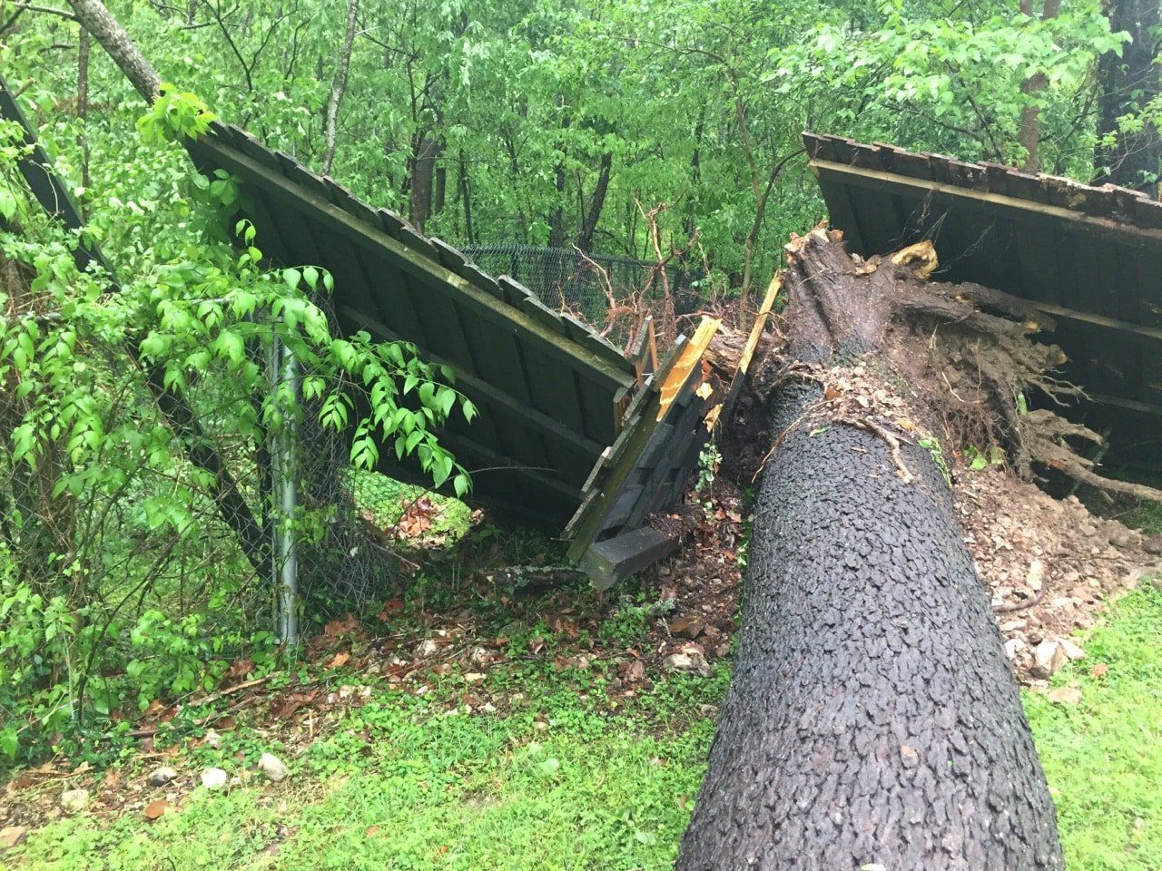 Damaged road with a fallen bridge or retaining wall in a wooded area after a landslide