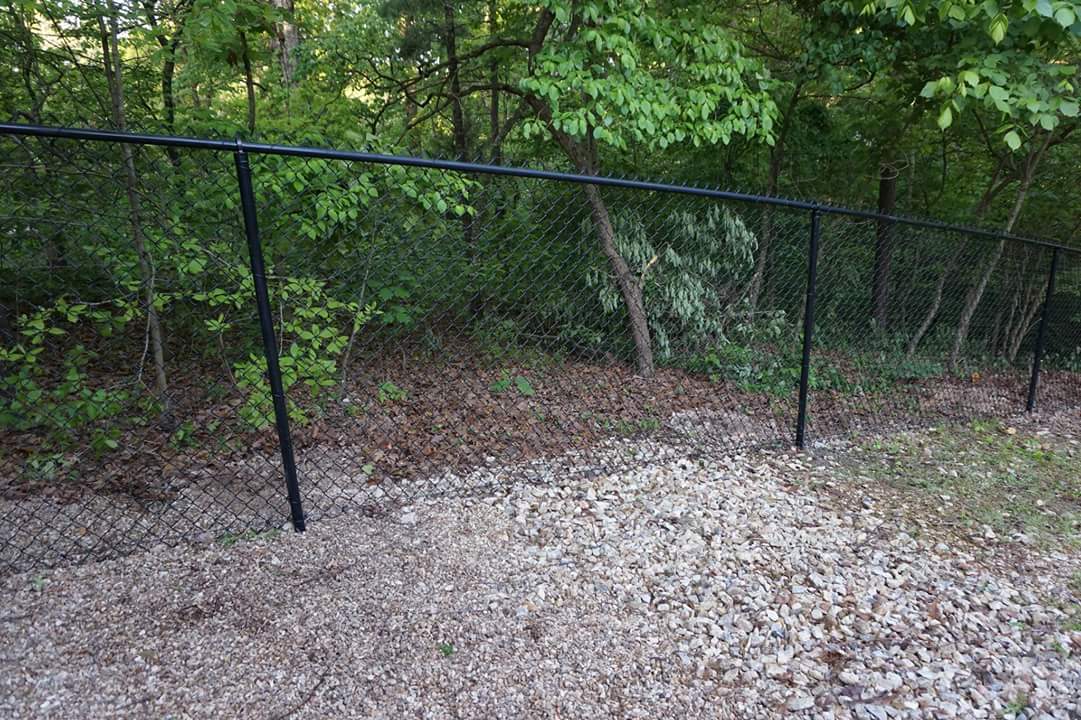 Black metal fence beside a wooded area with gravel and leaves on the ground