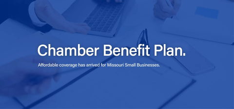 Chamber Benefit Plan: Affordable coverage for small businesses, shown with people working on papers, blue tones.