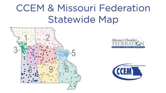Missouri statewide map divided into numbered regions, displaying CCEM & Missouri Chamber Federation logo.