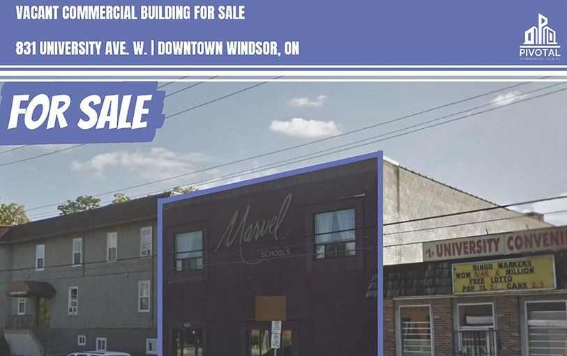 Real estate flyer for a vacant commercial building for sale at 831 University Ave. W., Downtown Windsor, ON.