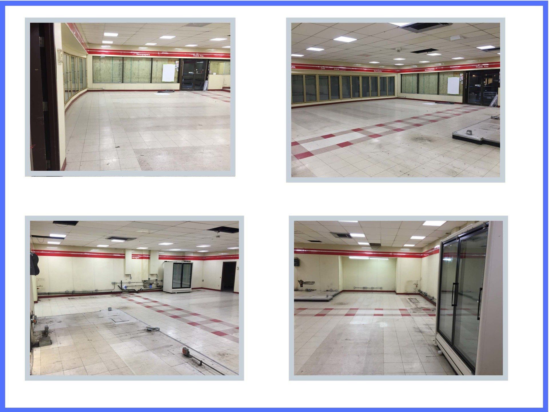 A collage showing four different angles of an empty, tiled commercial retail space with white walls and red trim.